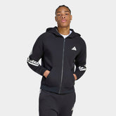 Черно мъжко горнище Adidas с качулка, цял цип и три бели ленти