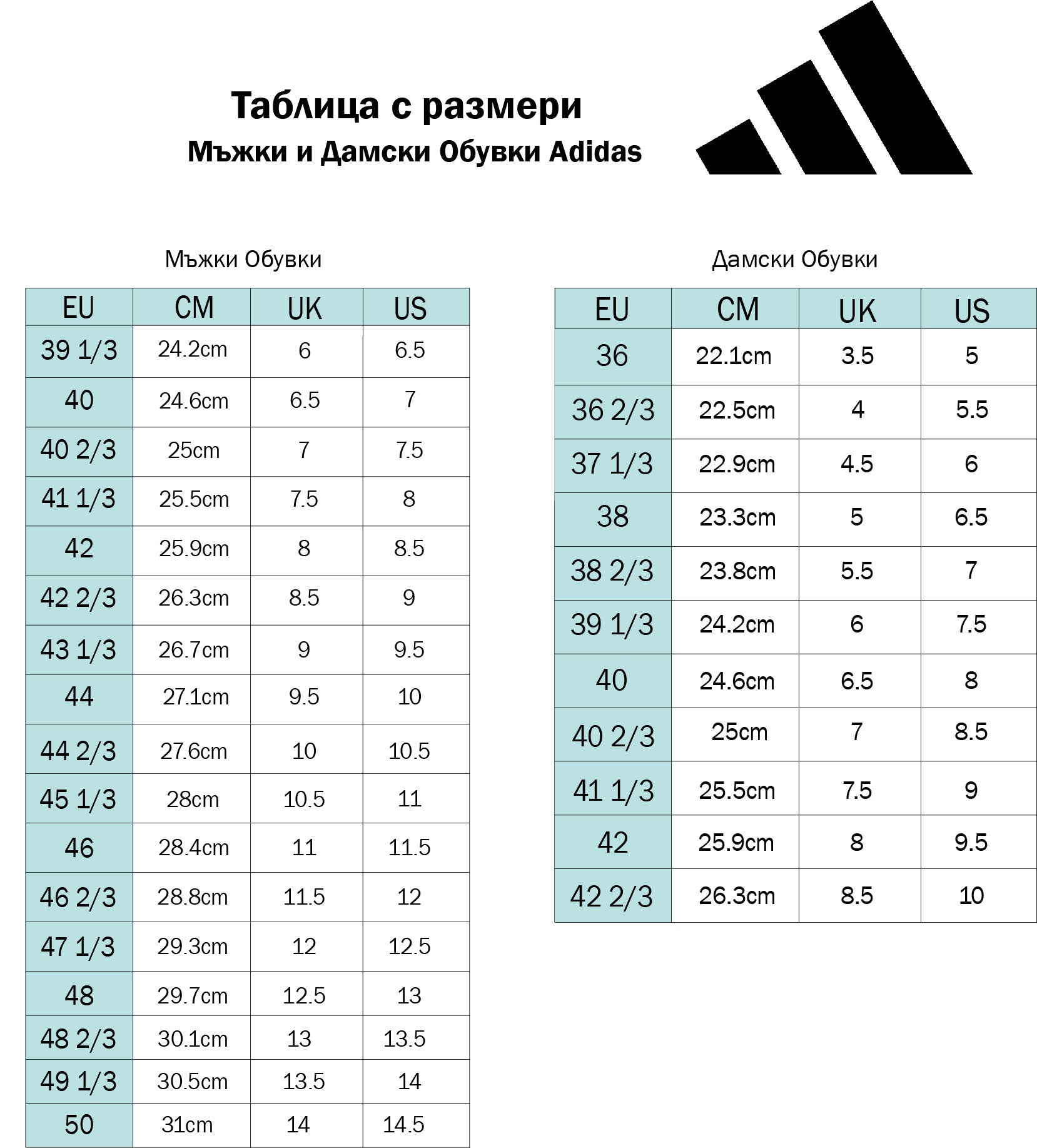 Таблица с размери на дамски и мъжки обувки Adidas