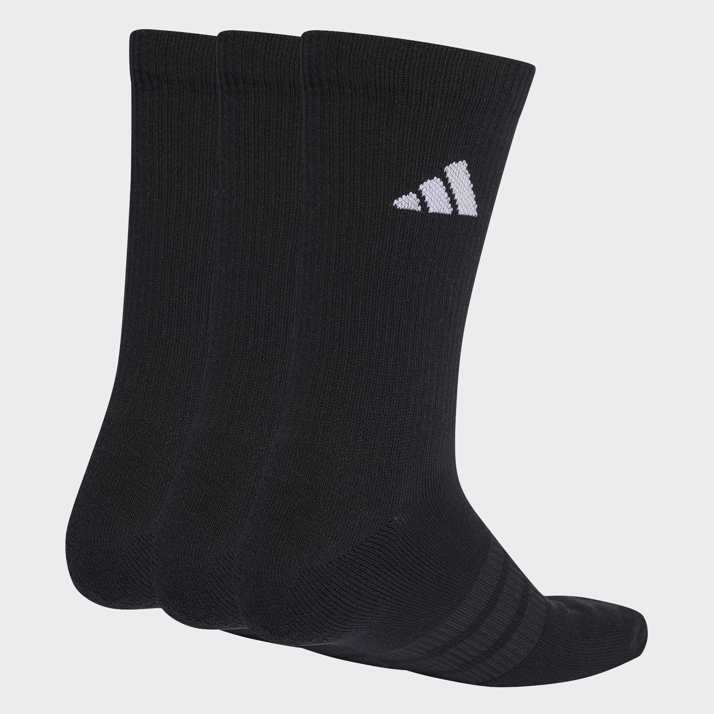 Чорапи adidas Cushioned Sportswear Crew – три черни чифта, показани отзад, с контрастно бяло лого adidas