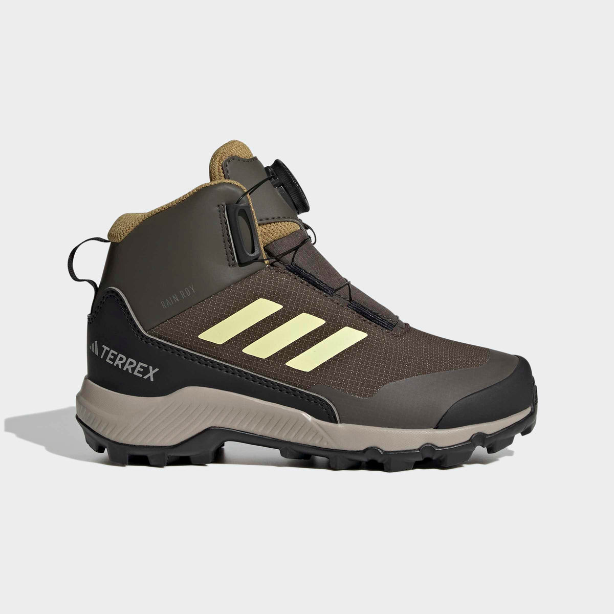 Водоустойчиви детски зимни обувки adidas Terrex Winter Mid BOA KI8258 в тъмнокаки с жълти ленти adidas