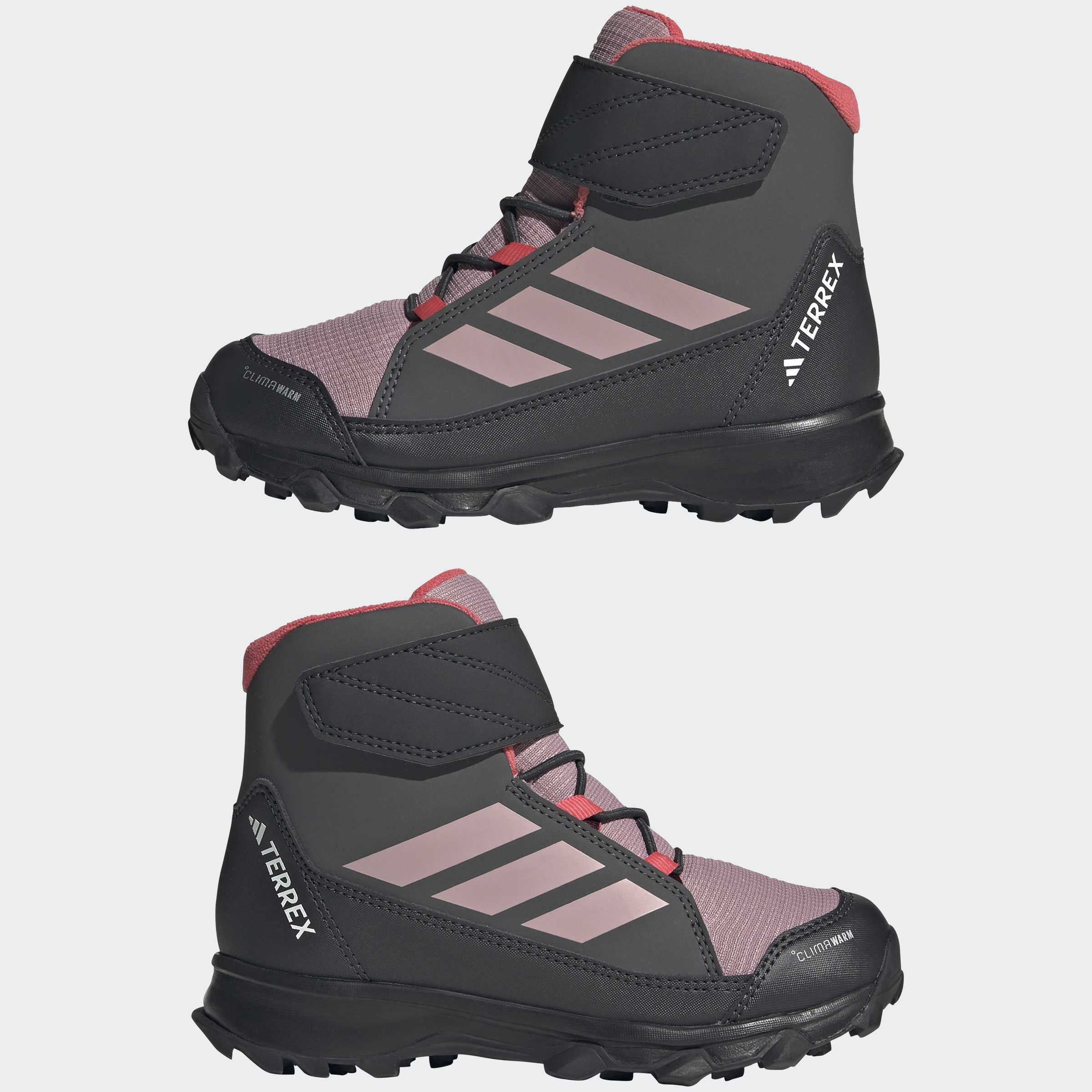 Детски зимни боти adidas Terrex Snow CLIMAWARM – чифт сиво-розови обувки с висока яка, велкро лента и грайферна подметка