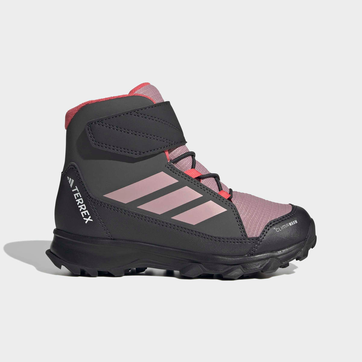 Водоустойчиви детски зимни обувки adidas Terrex Snow KI8261 в сиво и розово с изолация CLIMAWARM и велкро закопчаване