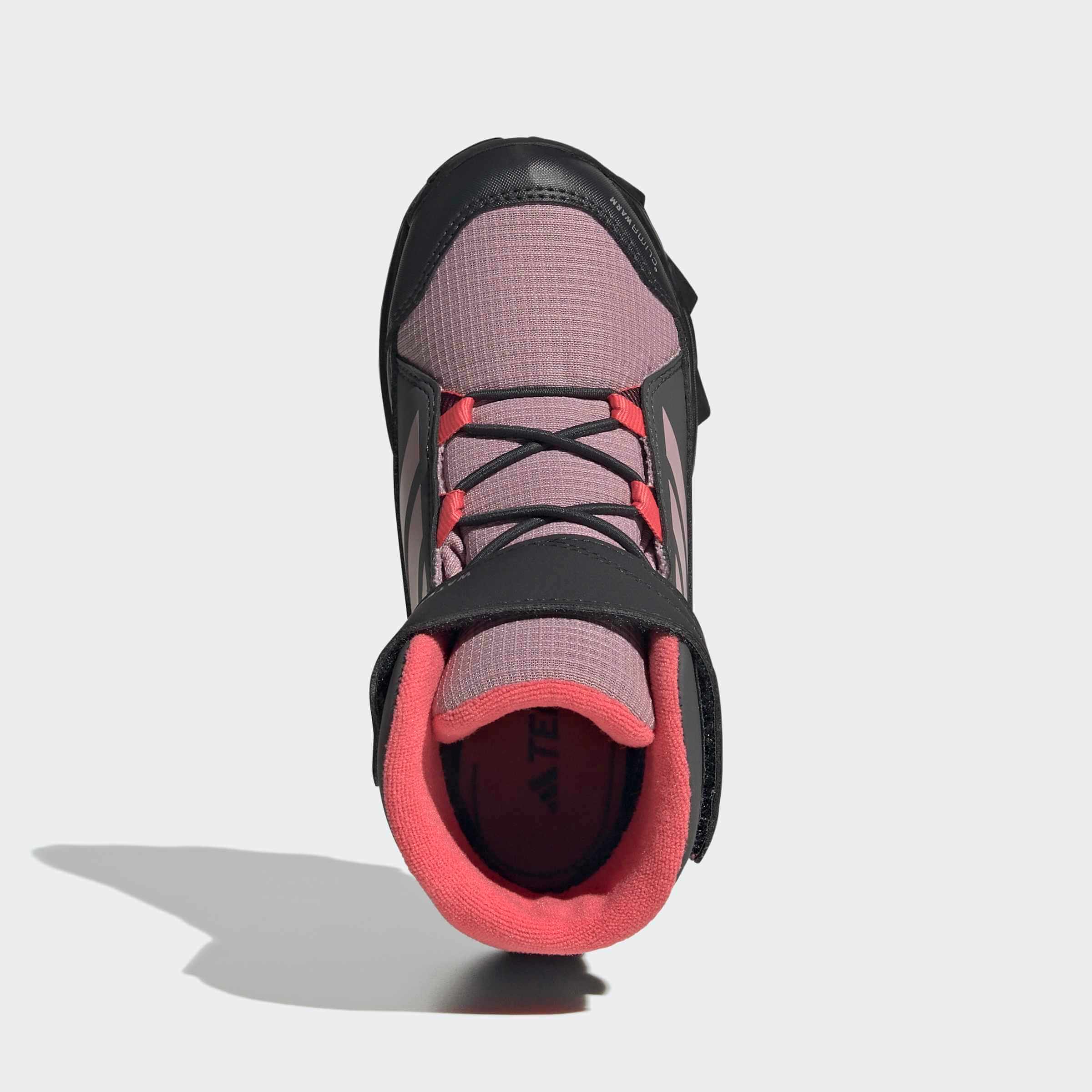 Детски зимни боти adidas Terrex Snow CLIMAWARM KI8261 – изглед отгоре с розова подплата, еластични връзки и велкро лента