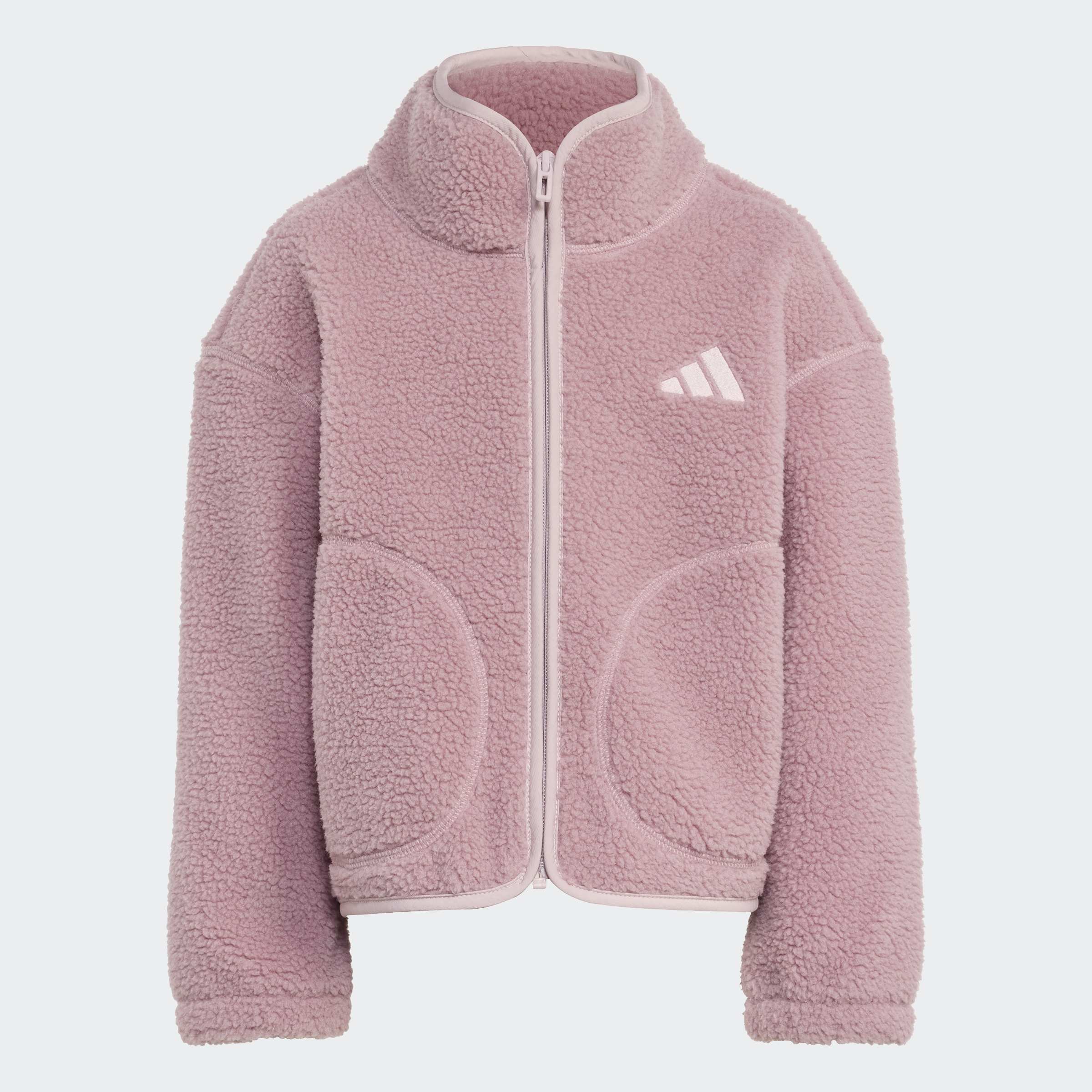 Детски розов полар adidas Alpaca Sherpa KQ6195 с пухкава материя, висока яка, цял цип и предни джобове