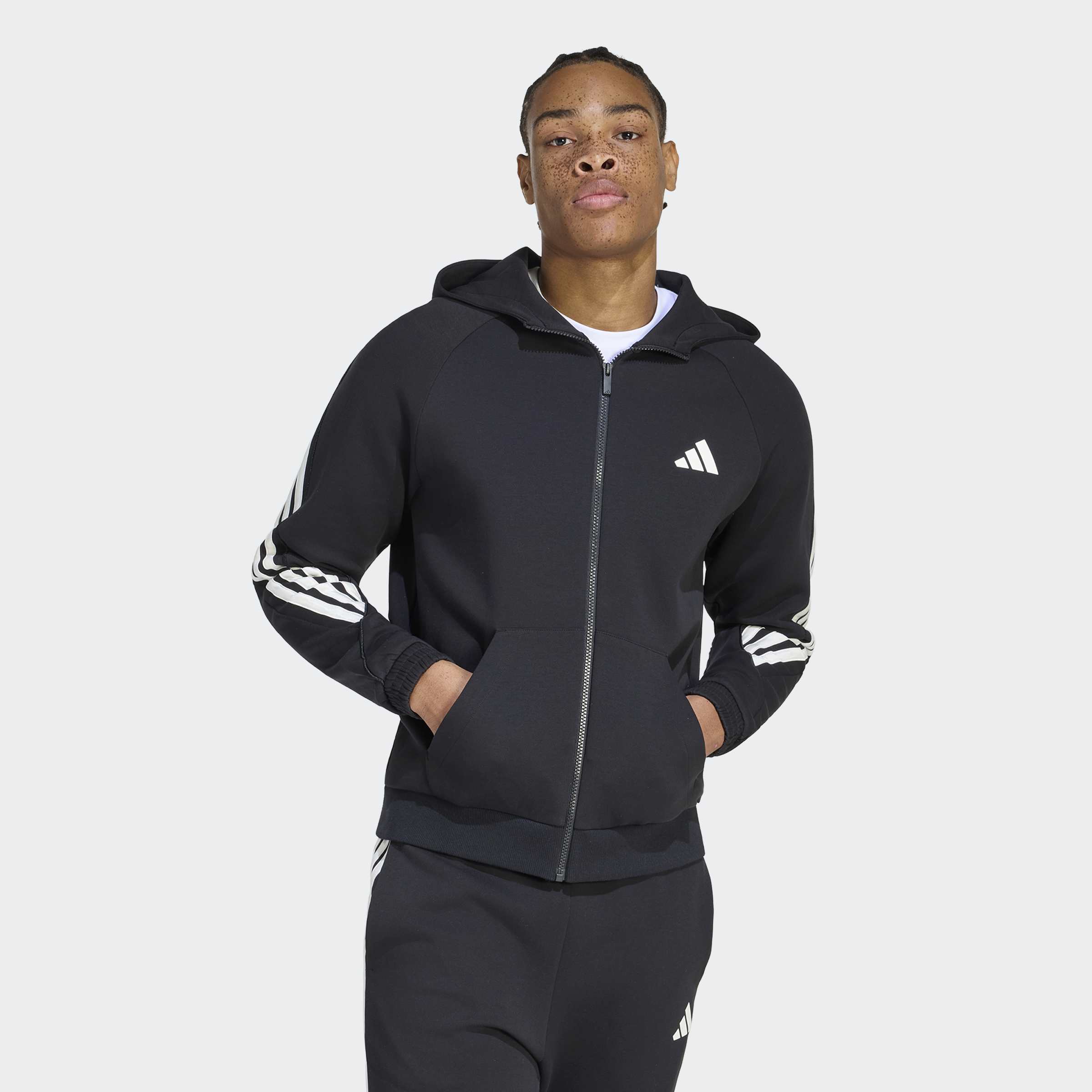 Черно мъжко горнище Adidas с качулка, цял цип и три бели ленти